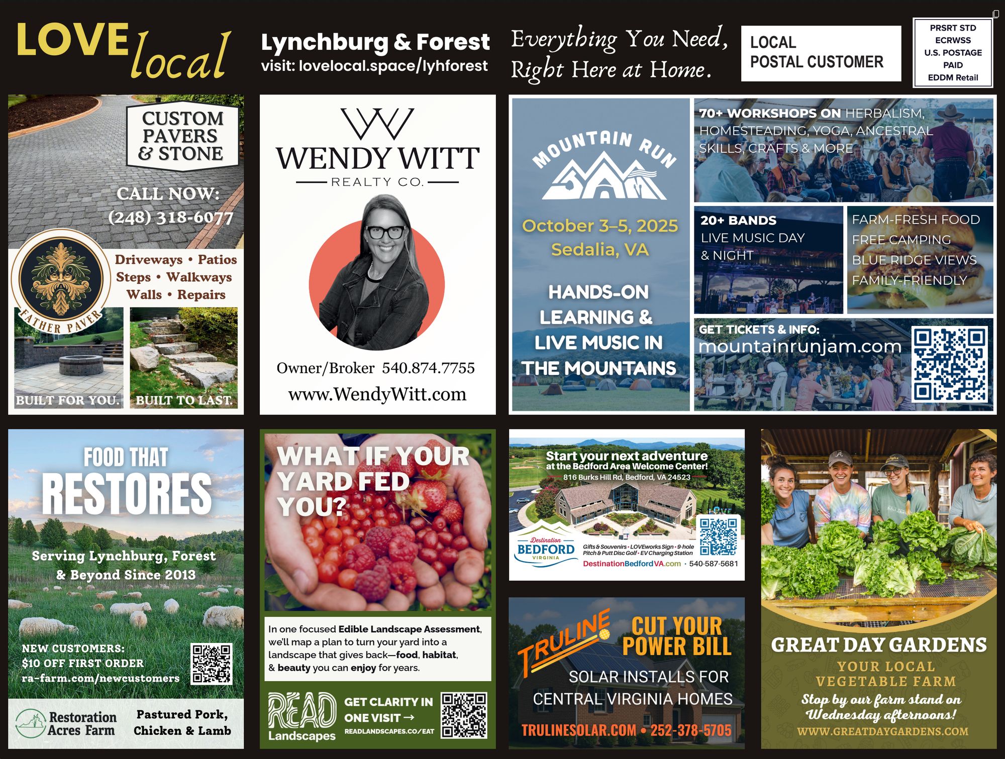 Front of the LOVElocal postcard, covered in local business ads